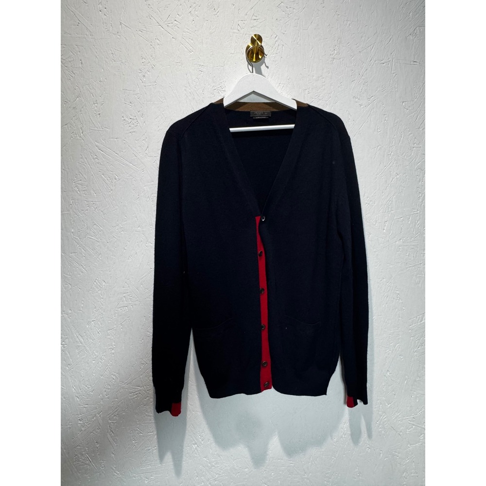 Prada Milano Mens Navy Blue Wool Cashmere Cardigan Red Trim Sz 52 IT Made Italy